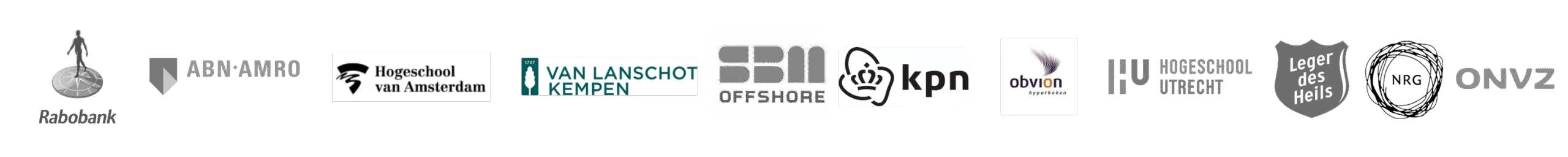 Logo's van organisaties die Power Up gebruiken: Rabobank, ABN AMRO, Hogeschool van Amsterdam, Van Lanschot Kempen, SBM Offshore, KPN, Obvion, Hogeschool Utrecht, Leger des Heils, NRG en ONVZ