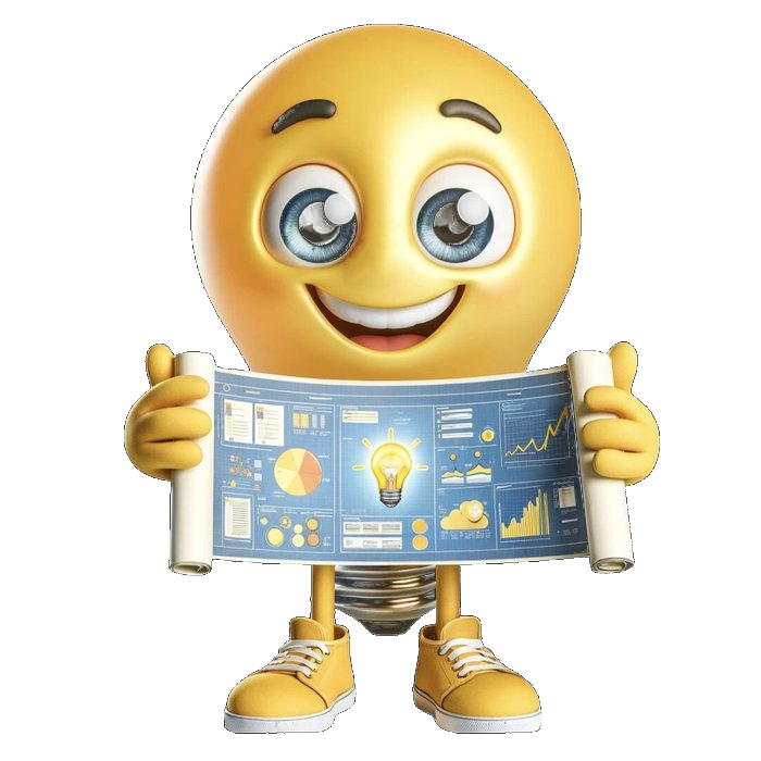 Vrolijk 3D lampje-figuurtje met geel bolhoofd houdt een Power BI dashboard vast